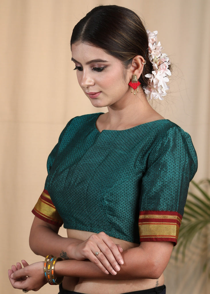 Elegant Traditional Teal Coloured Khun Woven Blouse. Lining Given