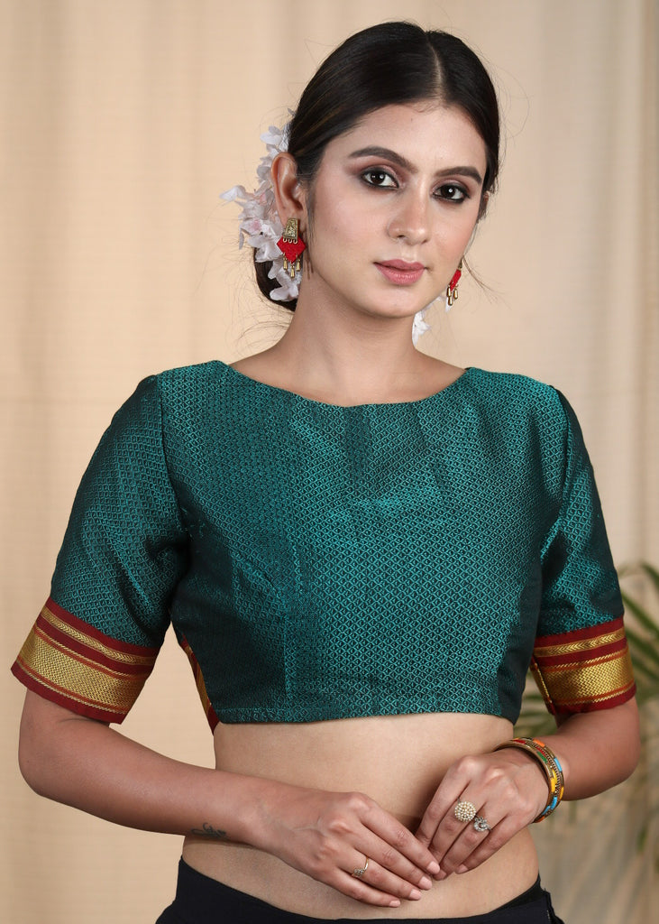 Elegant Traditional Teal Coloured Khun Woven Blouse. Lining Given