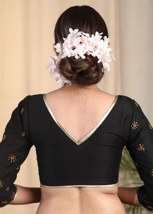 Black Cotton Silk Blouse With Beautiful Hand Zardosi Embroidery on Sleeves