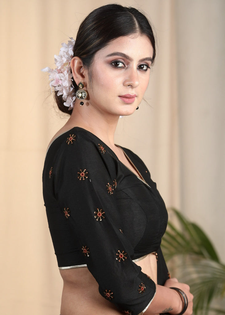 Black Cotton Silk Blouse With Beautiful Hand Zardosi Embroidery on Sleeves