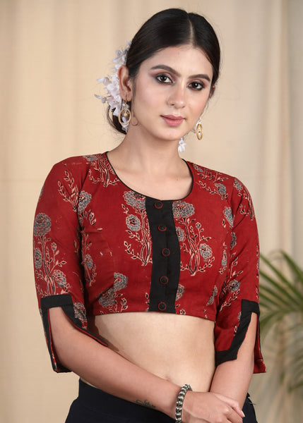 Elegant Brick Colour Cotton Ajrakh Blouse with Designer Sleeves