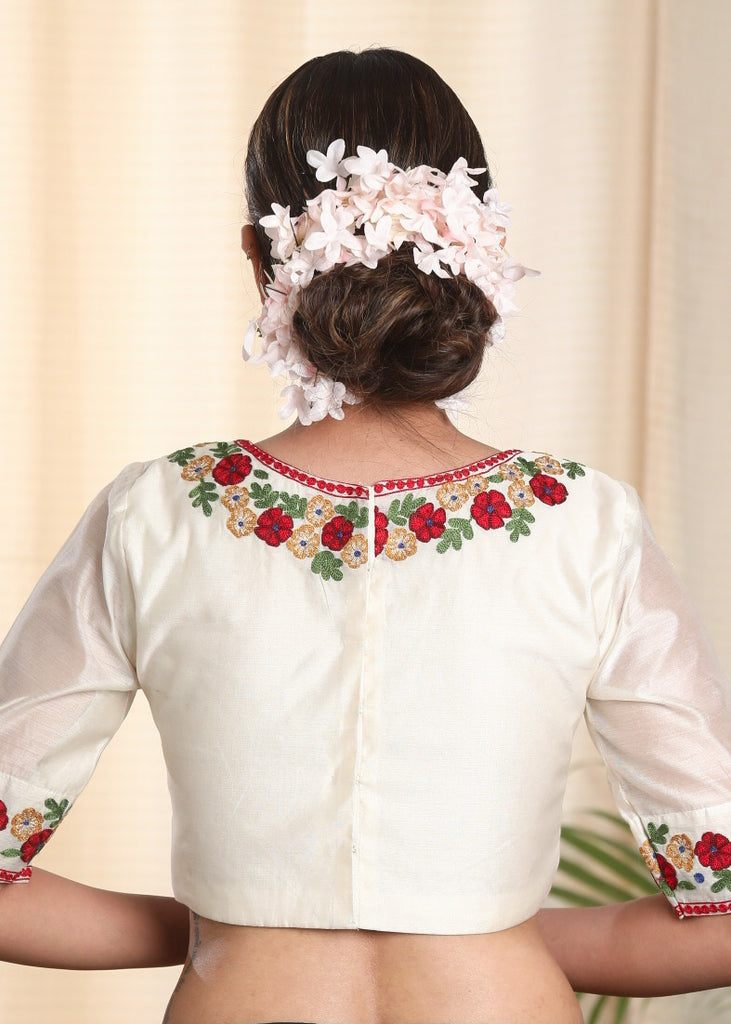 Beautifully Embroidered Off white Chanderi Blouse. Lining Given