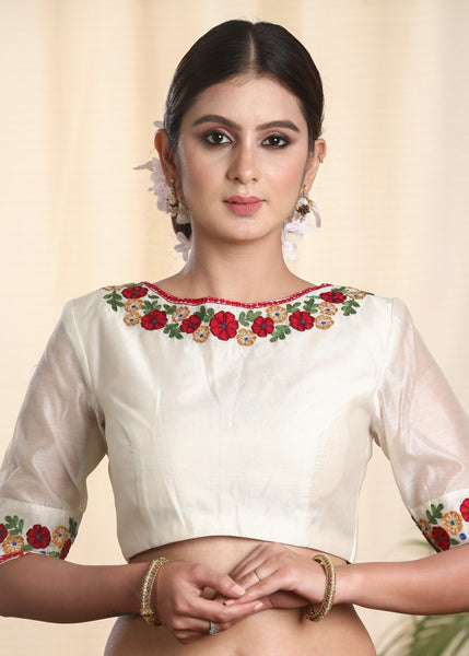 Beautifully Embroidered Off white Chanderi Blouse. Lining Given