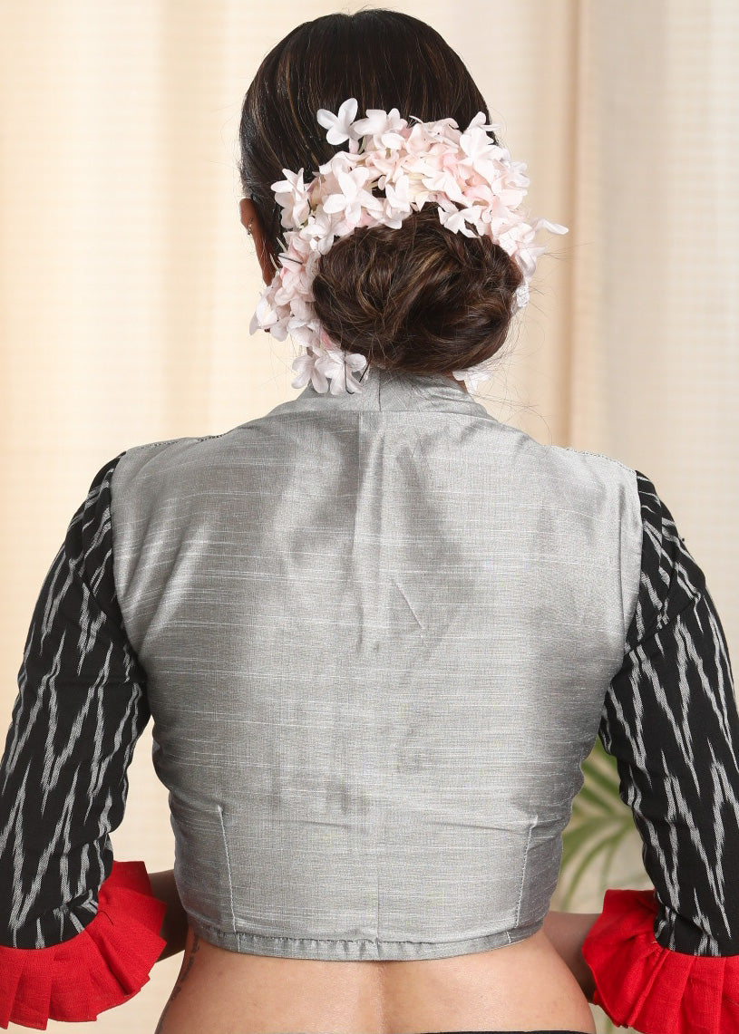 Smartly Combined Grey Cotton Silk and Pure Ikat Blouse with red Gathers on the sleeves