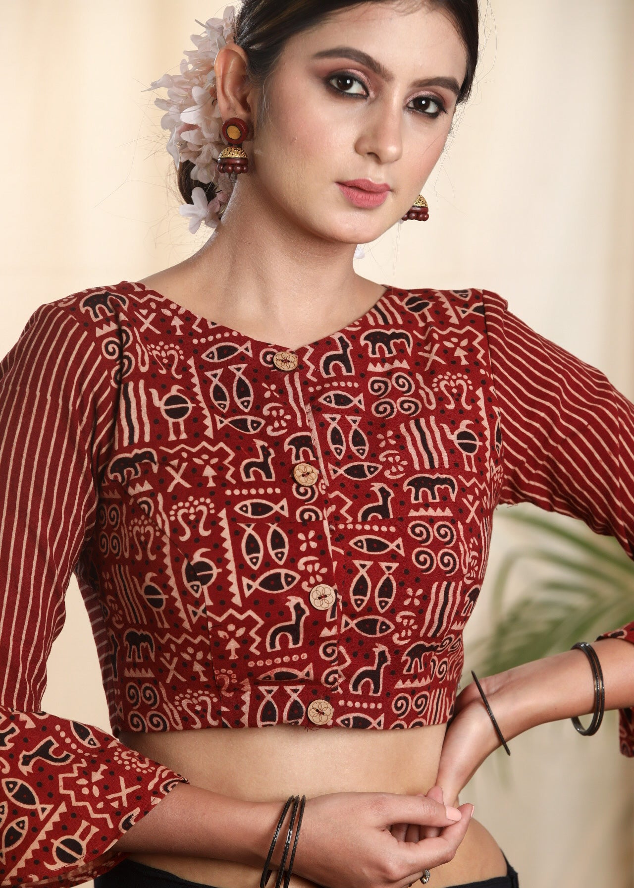 Trendy Cotton Ajrakh Combination Blouse with Peplum Sleeves