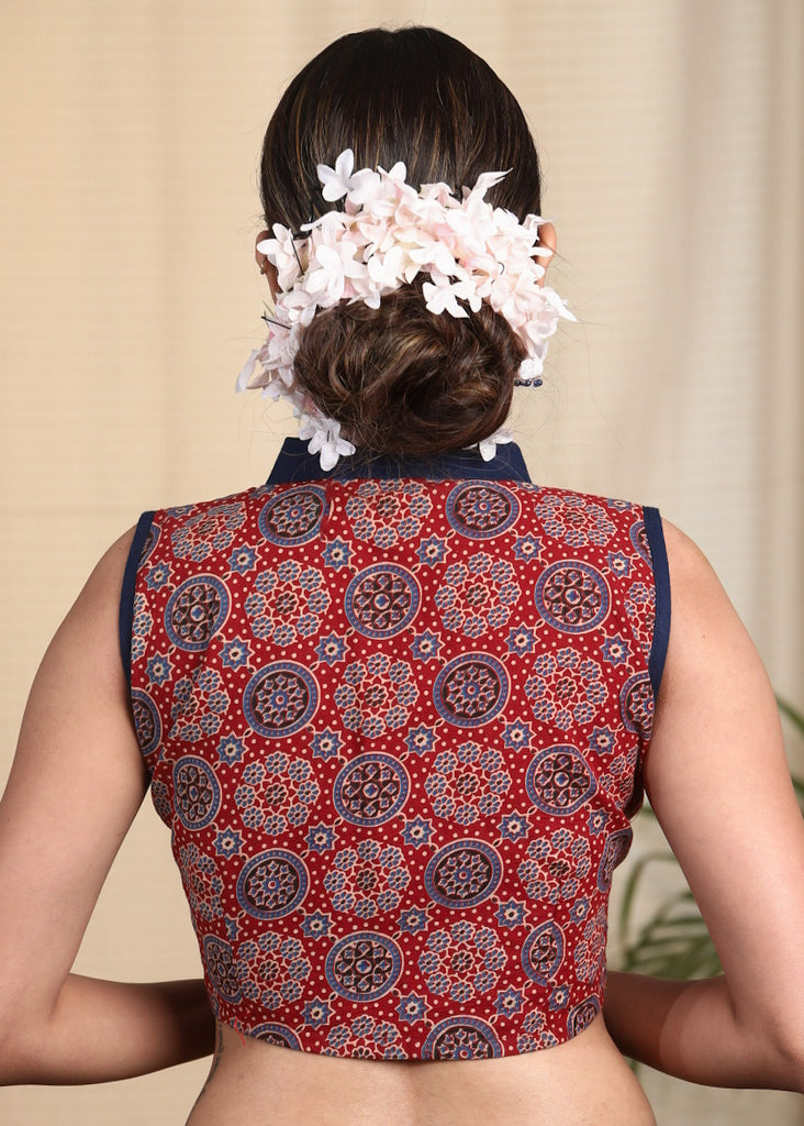 Exclusive Cotton Handblock Printed front open Sleeveless Blouse with Contrasting Mandarin Collar and Buttons