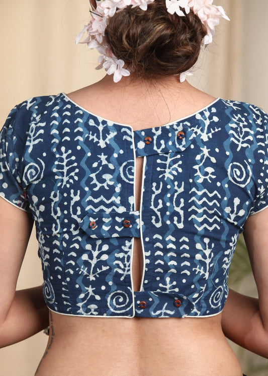 Cotton Indigo Blouse with Stylish Flap Buttons on the Backside