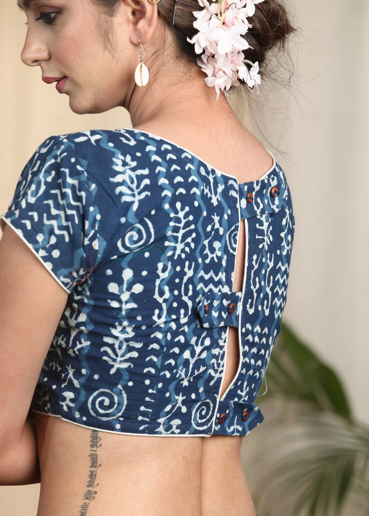 Cotton Indigo Blouse with Stylish Flap Buttons on the Backside