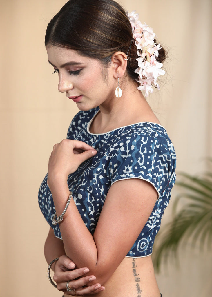 Cotton Indigo Blouse with Stylish Flap Buttons on the Backside