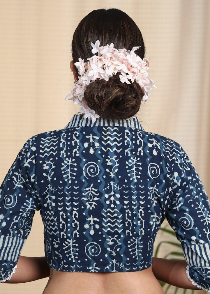 Cotton Indigo Combination Blouse with Lace and Elegant Collars