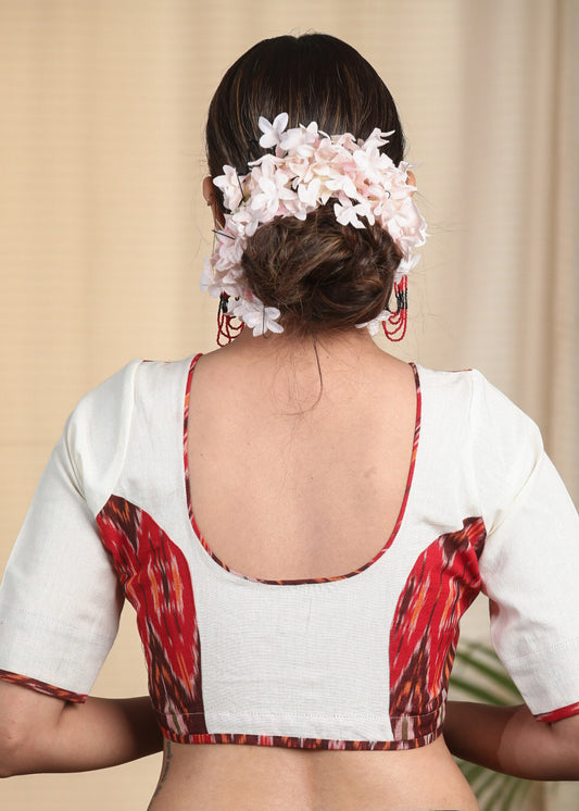 Elegant Ikat and Offwhite Contrast Cotton Blouse