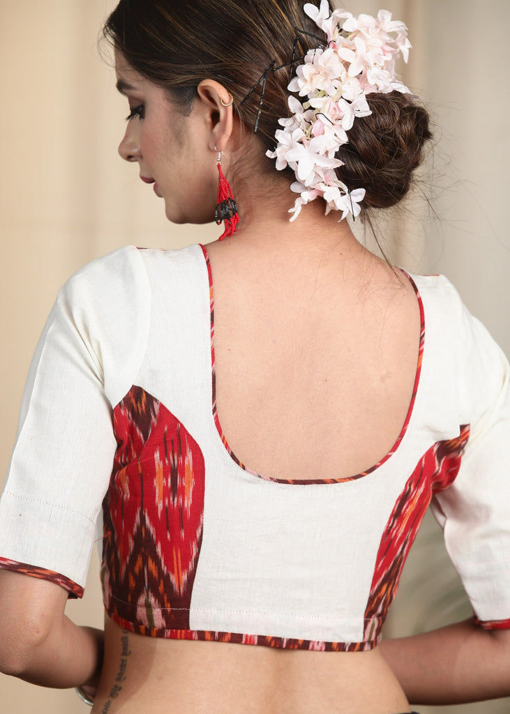 Elegant Ikat and Offwhite Contrast Cotton Blouse