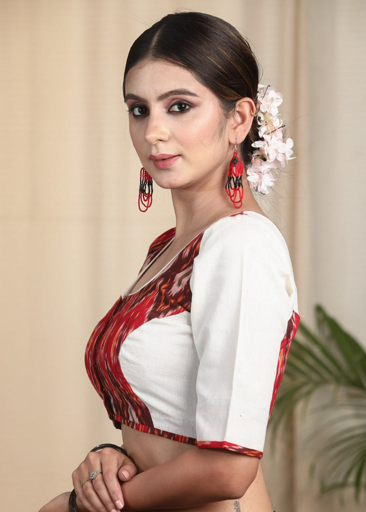 Elegant Ikat and Offwhite Contrast Cotton Blouse