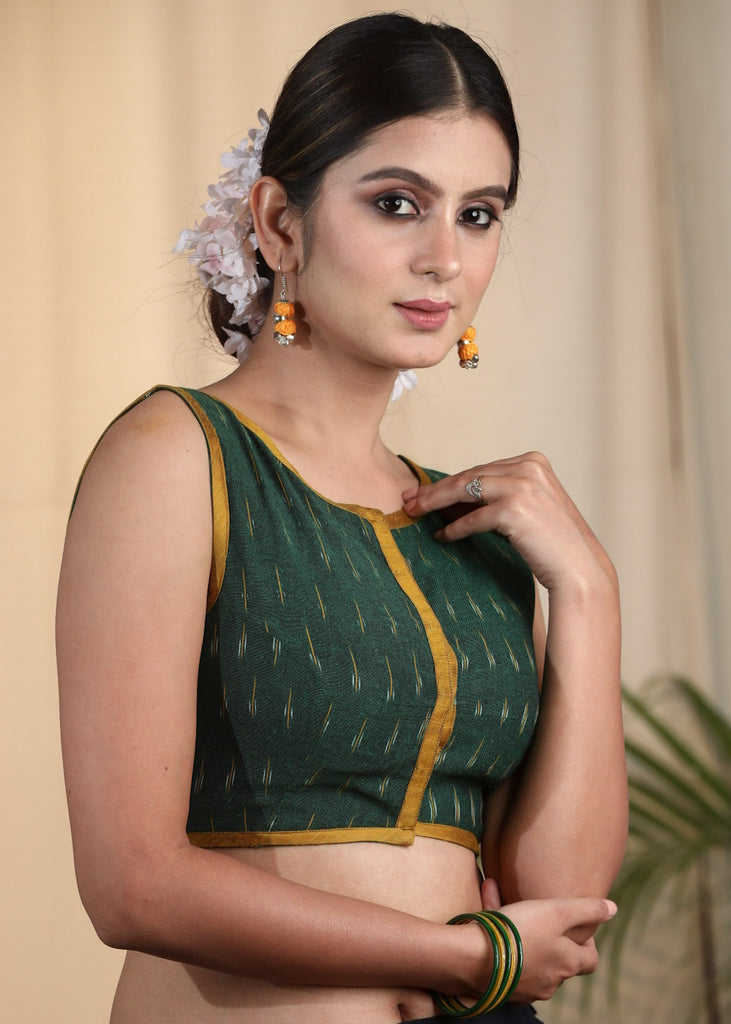 Simple Elegant Green Ikat Cotton Sleeveless Blouse