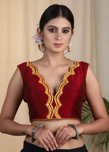 Maroon Cotton Silk Designer Blouse With Scalop Neck line , Contrast Embroidery and Bow At the Back