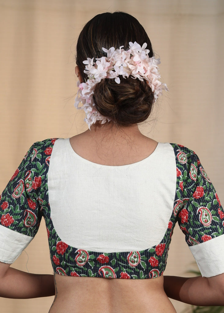 Graceful Cotton Block Printed  Blouse with Kanta Stitches and Cotrast Yoke at the Back