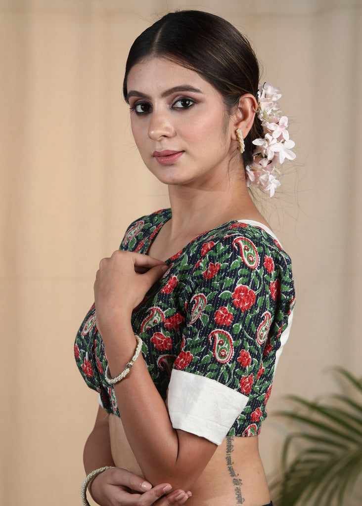 Graceful Cotton Block Printed  Blouse with Kanta Stitches and Cotrast Yoke at the Back