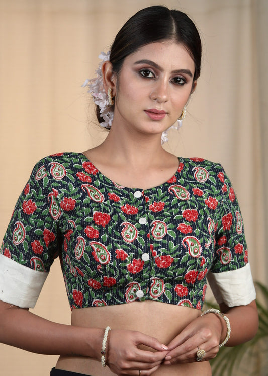Graceful Cotton Block Printed Blouse with Kanta Stitches and Cotrast Yoke at the Back