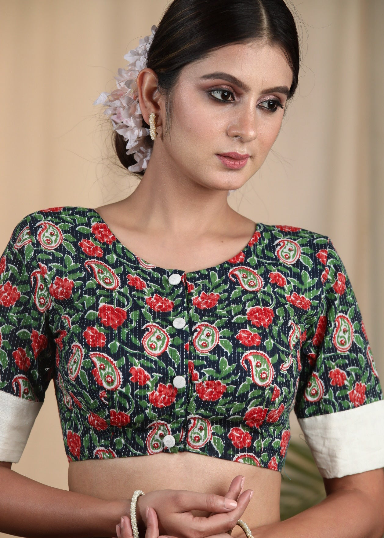 Graceful Cotton Block Printed Blouse with Kanta Stitches and Cotrast Yoke at the Back