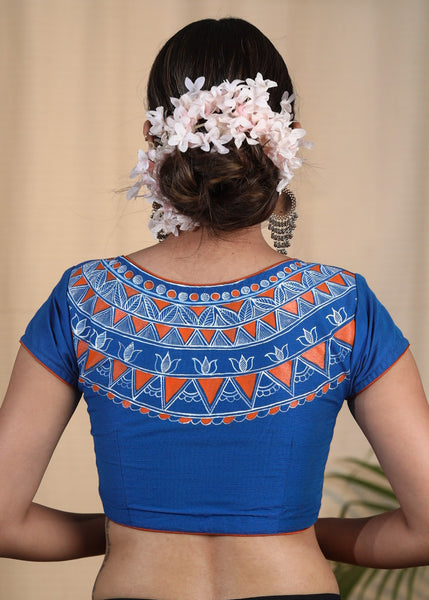Graceful Blue Cotton Silk Blouse with Artistic Geometric painting work