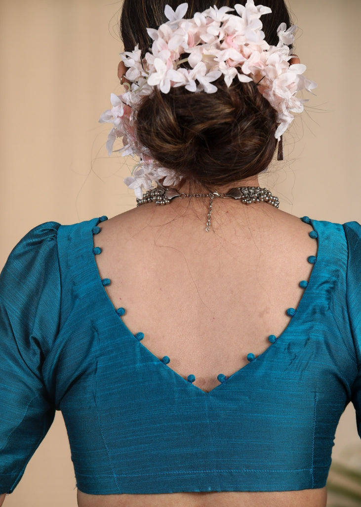 Elegant Firozi colour Cotton Silk Blouse with Potli at Back Neckline