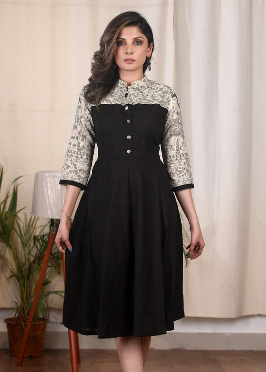 Black cotton dress with Madhubani printed combination
