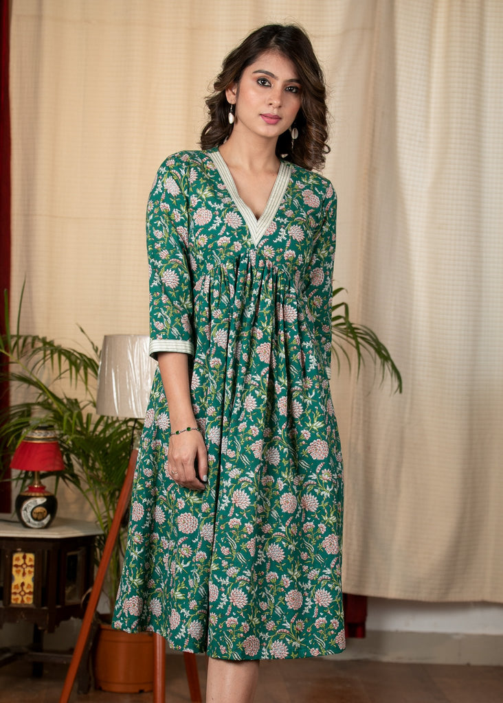 Exclusive green floral Jaipuri printed cotton dress