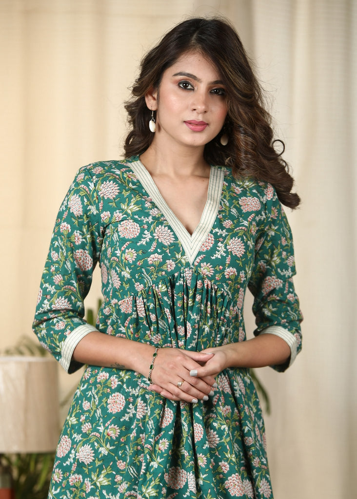 Exclusive green floral Jaipuri printed cotton dress