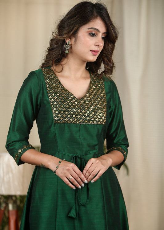 Forest green cotton silk one piece dress with exclusive hand embroidered yoke