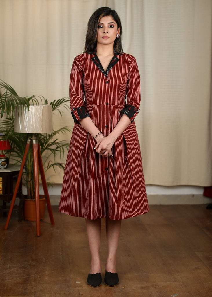 Exclusive striped Ajrakh Printed One Piece Dress with Ikat Collar