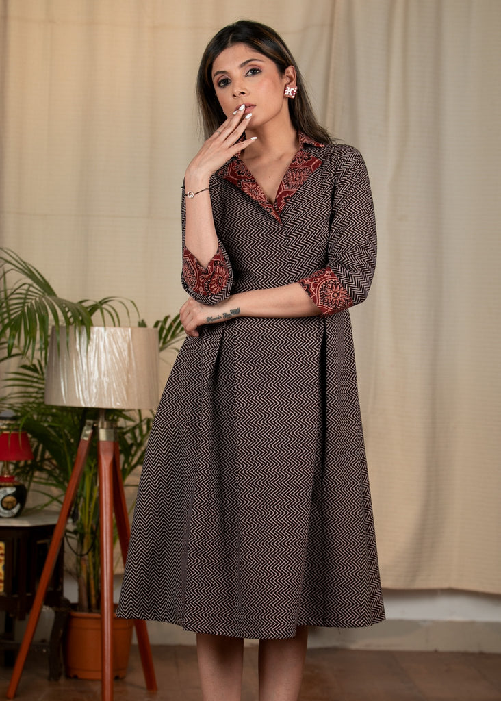 Black Ajrakh zig zag printed dress with contrast Ajrakh collar