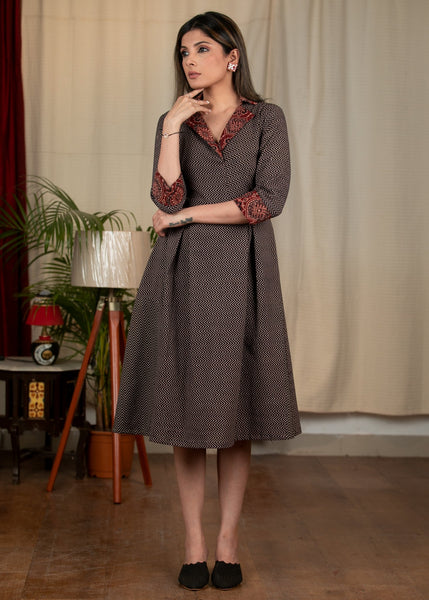 Black Ajrakh zig zag printed dress with contrast Ajrakh collar