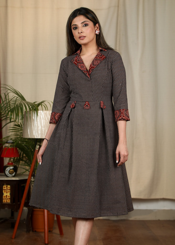 Black Ajrakh zig zag printed dress with contrast Ajrakh collar