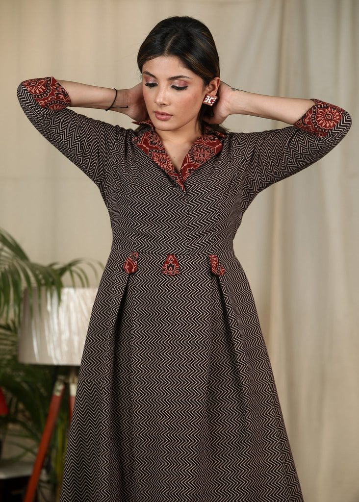 Black Ajrakh zig zag printed dress with contrast Ajrakh collar