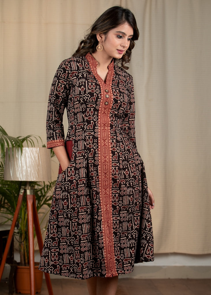 Exclusive Black Ajrakh animal print one piece cotton dress