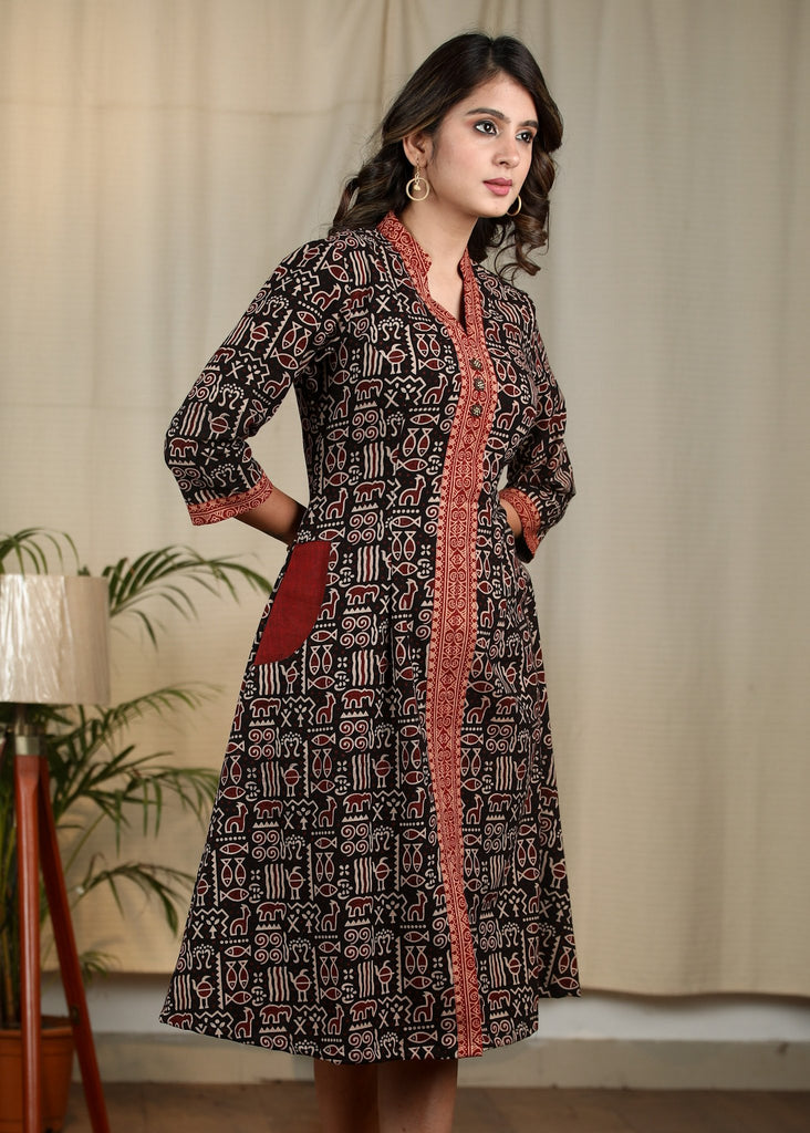 Exclusive Black Ajrakh animal print one piece cotton dress