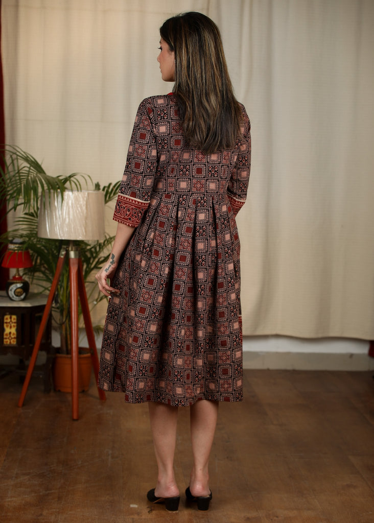 Exclusive Ajrakh printed black and maroon combination one piece cotton dress