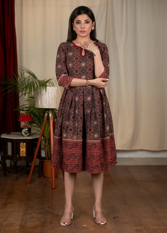 Exclusive Ajrakh printed black and maroon combination one piece cotton dress