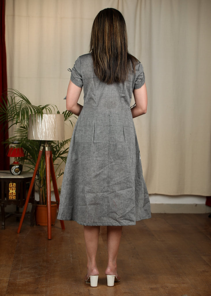 Grey handloom cotton floral hand painted exclusive one piece dress