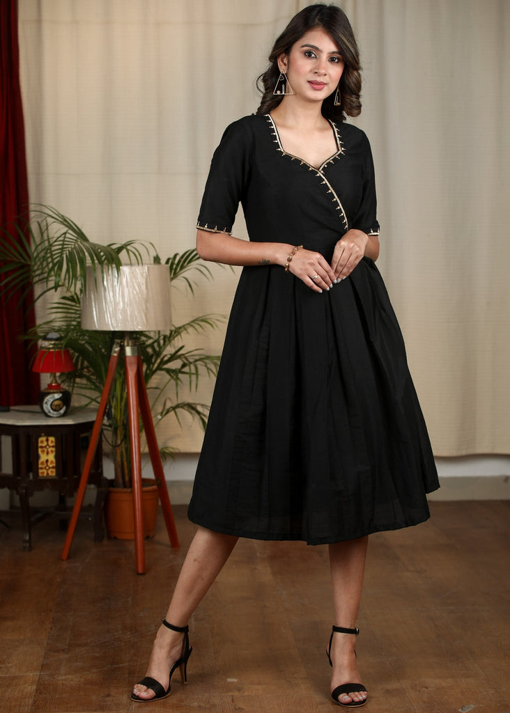 Black cotton silk dress with hand embroidery