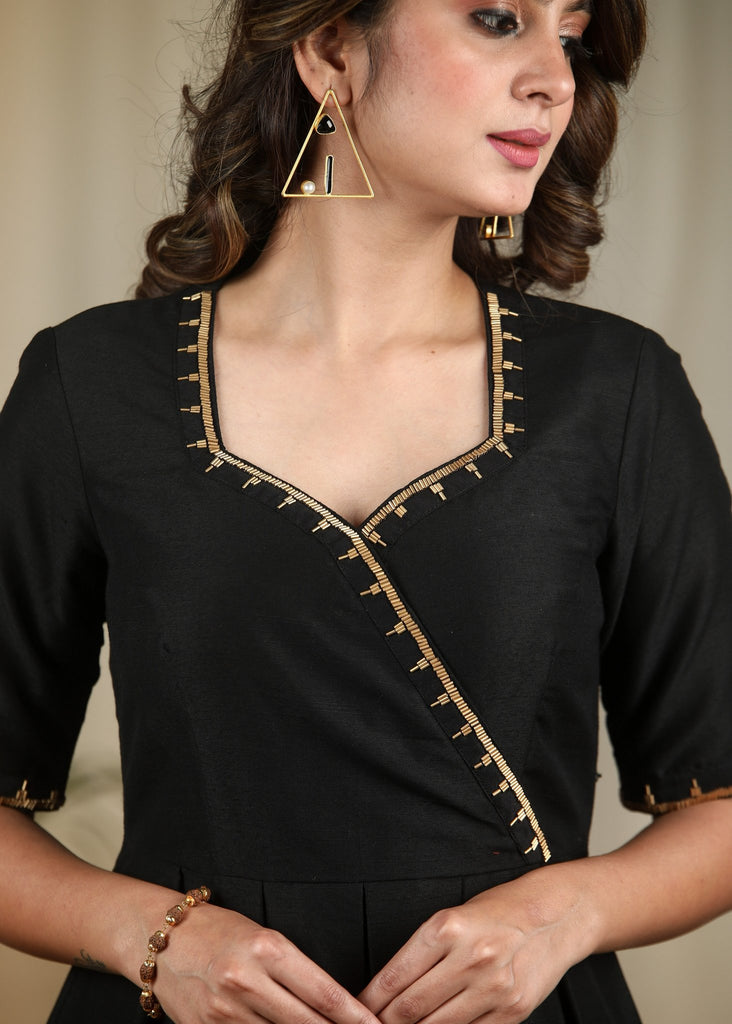 Black cotton silk dress with hand embroidery