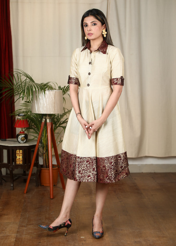 Cream cotton silk one piece dress with banarasi combination