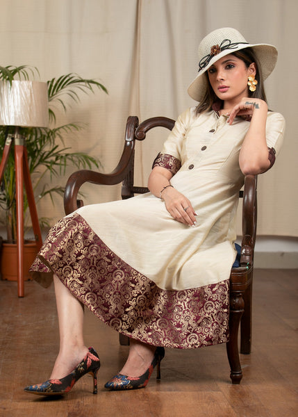 Cream cotton silk one piece dress with banarasi combination