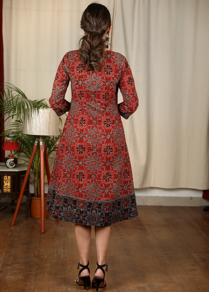 Maroon block printed Ajrakh one piece cotton dress