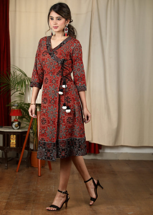 Maroon block printed Ajrakh one piece cotton dress