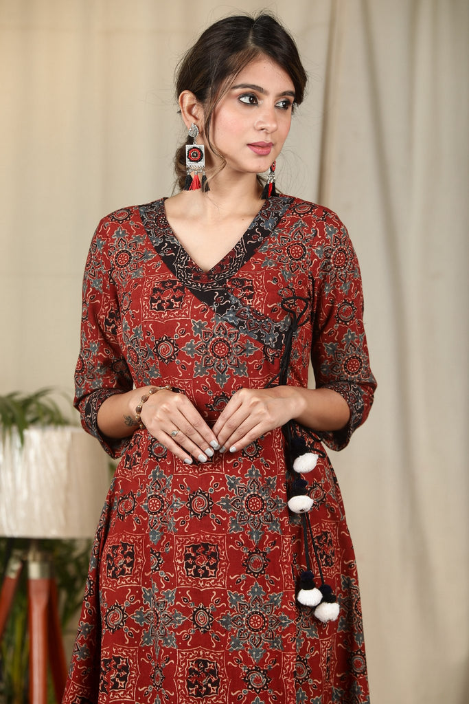 Maroon block printed Ajrakh one piece cotton dress