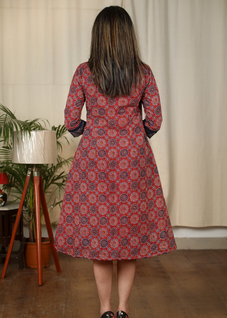 Maroon & blue combination Ajrakh cotton dress