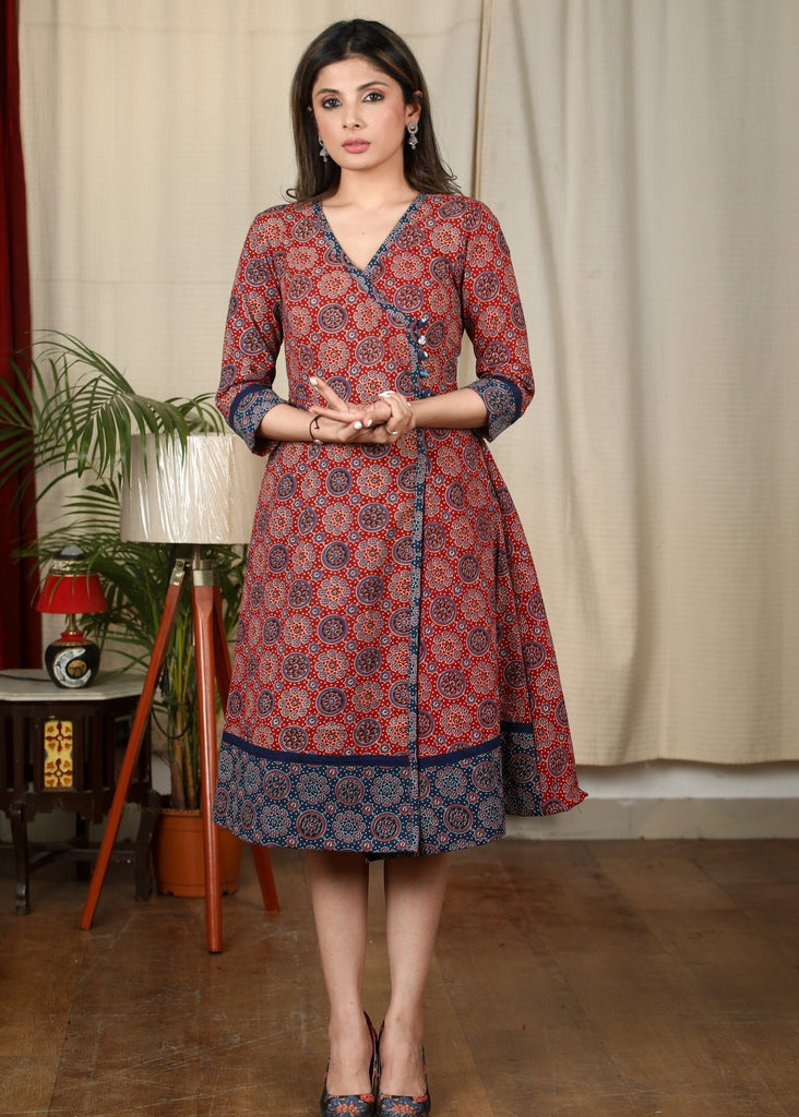 Maroon & blue combination Ajrakh cotton dress