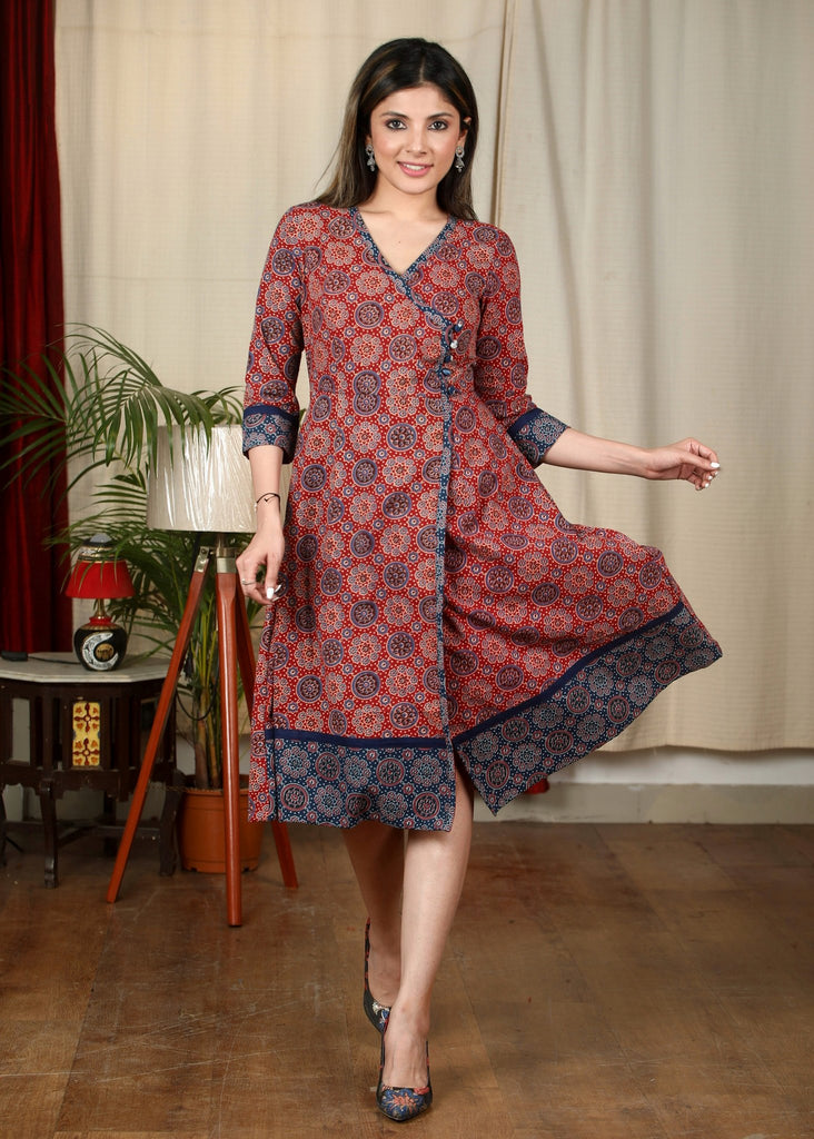 Maroon & blue combination Ajrakh cotton dress
