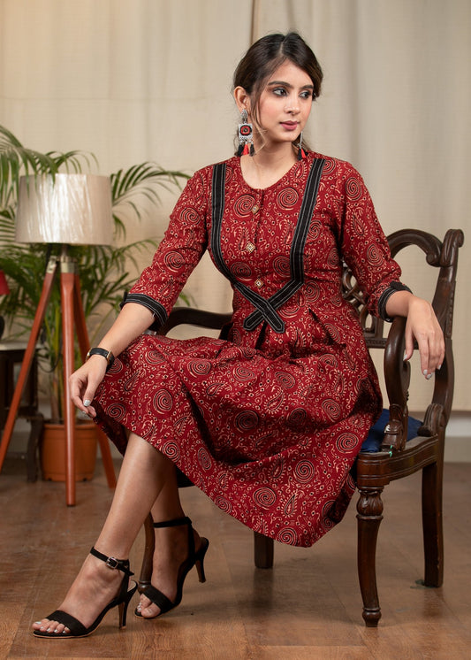 Exclusive maroon Ajrakh pleated one piece cotton dress